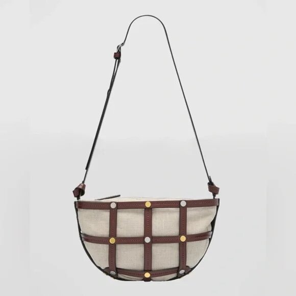 NWT STAUD Sebastian Caged Leather &Linen Shoulder crossbody bag NEW w/ dust bag - Picture 2 of 16